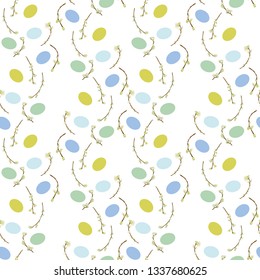 White vector repeat pattern with cherry fower and easter egg. Easter. Surface pattern design.