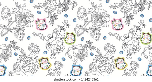 White vector repeat pattern with happy maneki neko cat and black peony florals. Japan inspired pattern. Comic style. Perfect for paper and textile projects or events. Surface pattern design.