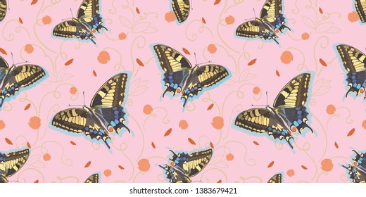 White vector repeat pattern with realistic butterfly, circle and abstract leaf.