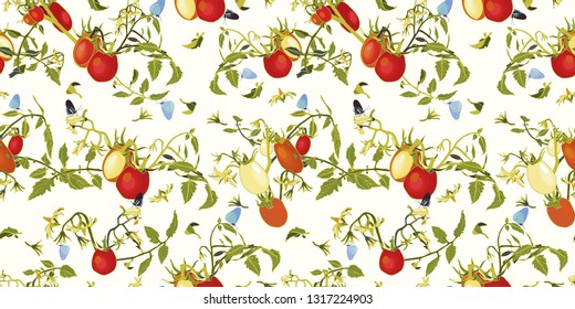 White vector repeat pattern with red tomatoes, blossoms and branches., tomato plant and butterfly. Novelty pattern. Kitchen.