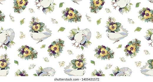 White vector repeat pattern with vintage flower bouquet, lilly of the valley, yellow pansy and white dove. Perfect for events, weddings and romance. Textile projects. Surface pattern design.