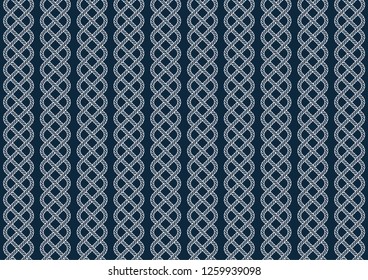White vector ropes, fishing net, seamless. Blue background
