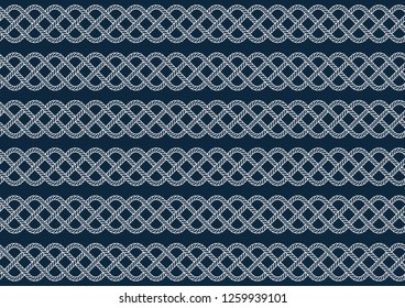 White vector ropes, fishing net, seamless. Blue background