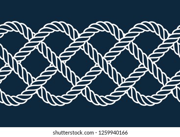 White vector ropes, fishing net, seamless. Blue background
