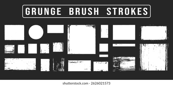 White vector rough edge rectangles on black background. Grunge torned square highlights, overlays collection. Paint brush strokes. Hand-drawn ripped papers for collage. Grungy border dialog text boxes