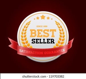 White vector round badge with red ribbon "Bestseller"