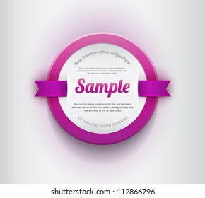 White vector round plastic badge / banner with purple border and purple ribbons