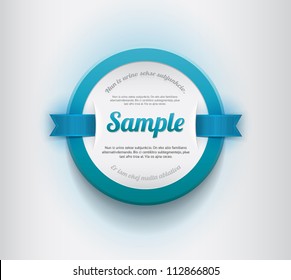 White vector round plastic badge / banner with blue border and blue ribbons