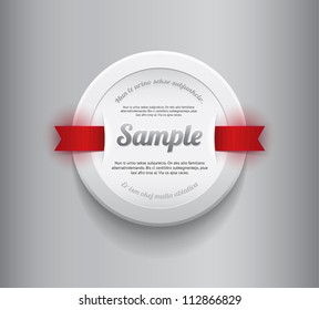 White vector round plastic badge / banner with red ribbons