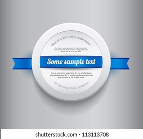 White vector round plastic badge / banner with blue ribbon