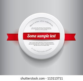 White vector round plastic badge / banner with red ribbon