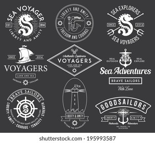 White vector sea badges on black background