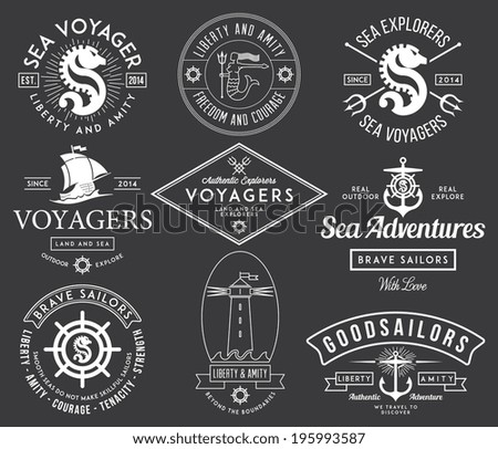 White vector sea badges on black background