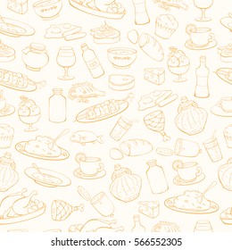 White vector seamless background with beige line icons of menu and food 