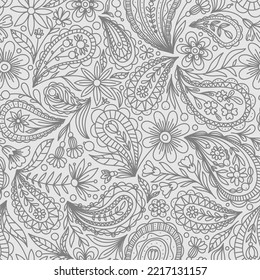 WHITE VECTOR SEAMLESS BACKGROUND WITH GRAY PAISLEY CONTOUR PATTERN