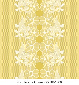 White vector seamless lace with a floral ornament on yellow background, template.