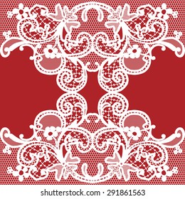 White vector seamless lace with a floral ornament on red background, template.