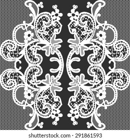 White vector seamless lace with a floral ornament on black background, template.
