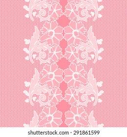 White vector seamless lace with a floral ornament on pink background, template.