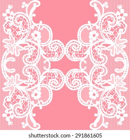 White vector seamless lace with a floral ornament on pink background, template.