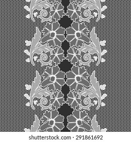White vector seamless lace with a floral ornament on black background, template.