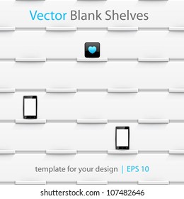 White vector shelves for products, template for your design. Seamless pattern. Eps10.