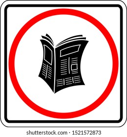 white vector sign with an open newspaper symbol inside a red circle
