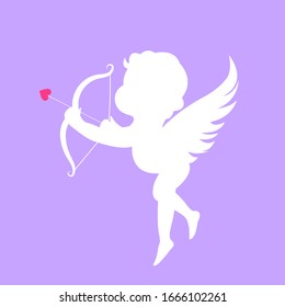 White vector silhouette of a cupid shooting arrow. Valentines day symbol. Vector cupid shooting arrow. Vintage cupid illustration on white background