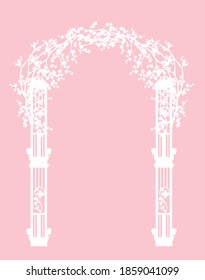 White Vector Silhouette Of Elegant Entrance Arch Decorated With Blooming Sakura Tree Branches For Wedding Design