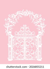 white vector silhouette of elegant entrance arch with ornate gate doors decorated with blooming sakura tree branches