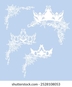 white vector silhouette of royal crown and winter snow flakes forming festive border decor set