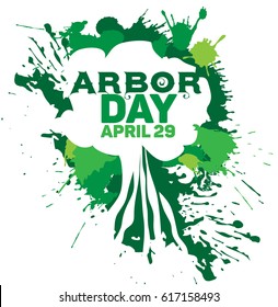 White vector silhouette of a tree against a background of green splashes. For the tree plantation holiday. 29 April.