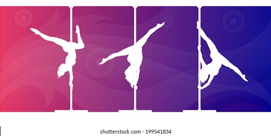 White vector silhouettes of female pole dancers performing pole moves on abstract background.