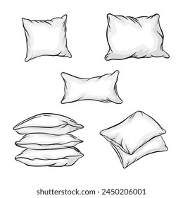 White vector sketch pillow, set pillow isolated, cut out pillow