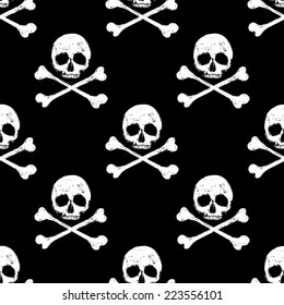 White vector skull and crossbones seamless pattern on black background, grunge horror backdrop