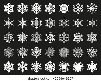 White vector snow flakes icon set. Snow flake elements isolated silhouette collection. Winter and Christmas holiday symbol.