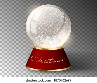White vector snow globe empty template isolated on transparent background. Christmas magic ball. Glass ball dome with golden decoration text on red stand. Winter holiday crystal, snow inside. Xmas toy