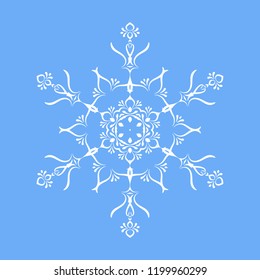 White vector snowflake on blue background. Winter abstract snowflake ornament.