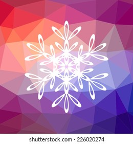 White vector snowflake on colorful mosaic triangle background