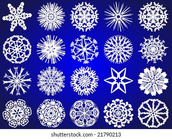 White vector snowflakes on a blue background