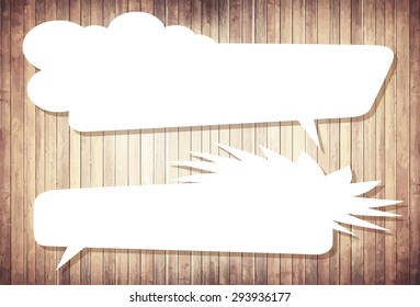 White vector speech bubbles with shadow like clouds on brown wooden wall. Vector Illustration