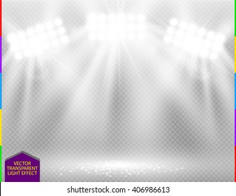 White vector spotlight light effect on transparent background. Concert scene with sparks illuminated by glow ray. Stadium projector. Show room