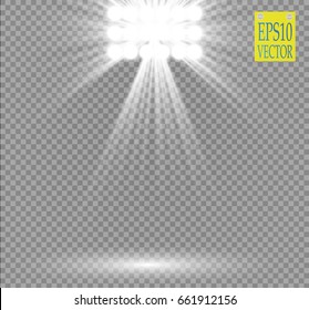 White vector spotlight light effect on transparent background. Concert scene with sparks illuminated by glow ray. Stadium projector. Show room
