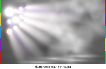 White vector spotlight with smoke light effect on transparent background. Concert scene with sparks and fog illuminated by glow ray. Stadium cloudiness projector. Mist show room.