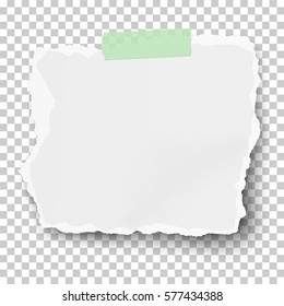 White vector square ragged paper scrap with soft shadow on sticky adhesive tape isolated on transparent checkered background. Template design.
