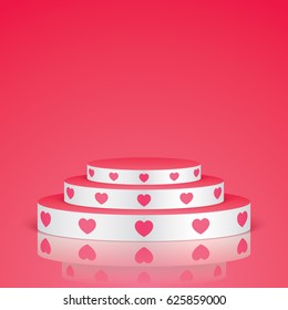 Escenario vector blanco con escaleras y corazones rosados, aislados en un fondo rosado. Diseño de tarjetas románticas.