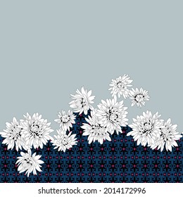 white vector stock flowers border pattern on seamless negative blue and grey background