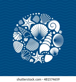 White vector summer sea shells circle concept isolated