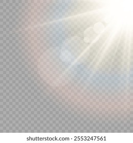 White vector sun rays, sun light with glare and rainbow isolated on transparent background. Realistic sunshine from star, sunbeam,sun rays, dawn, glare