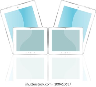 White vector tablet pc with blue screen. Object with reflection of background